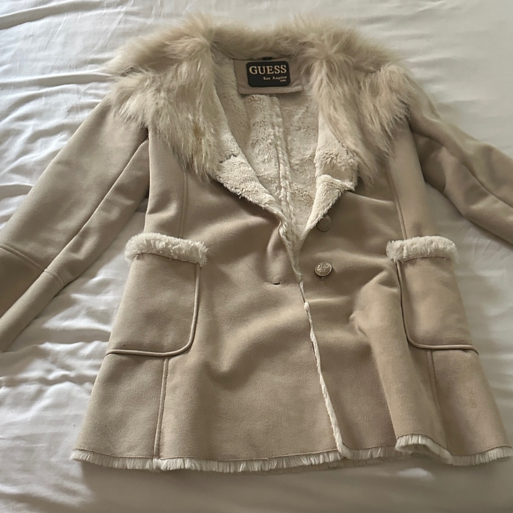 GUESS Women's Tan Teddy Jacket with Faux Fur